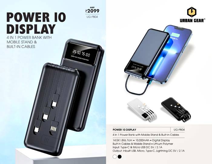 Urban Gear 4-IN-1 Power Bank With Mobile Stand & Built-IN Cables POWER 10 DISPLAY