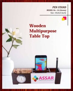 Wooden Pen Stand With Clock And Calendar